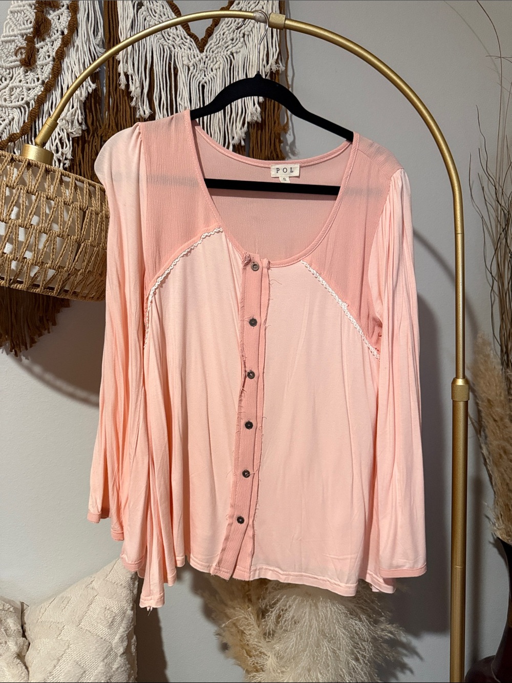POL Light Pink Button-Front Long Sleeve Blouse